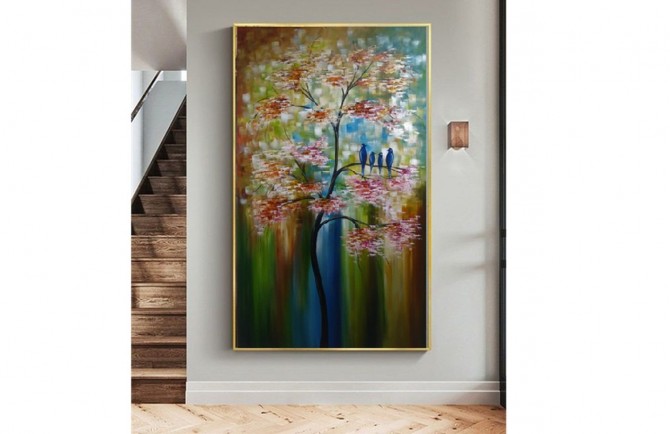 Quadro pintado a mão arvore e passarinhos vertical medida 160x90 