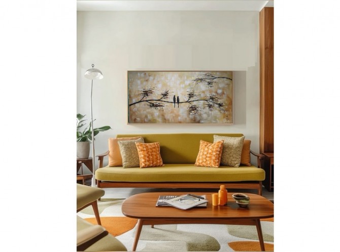 Quadro pintado a mão arvore e passarinhos medida 50x100 