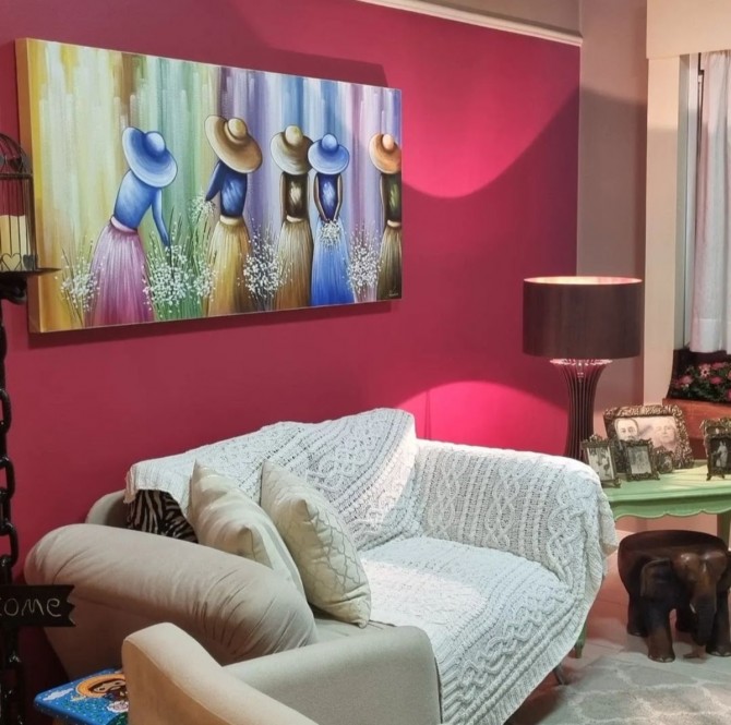 Quadro pintado a mão tema floristas, camponesas  80x150