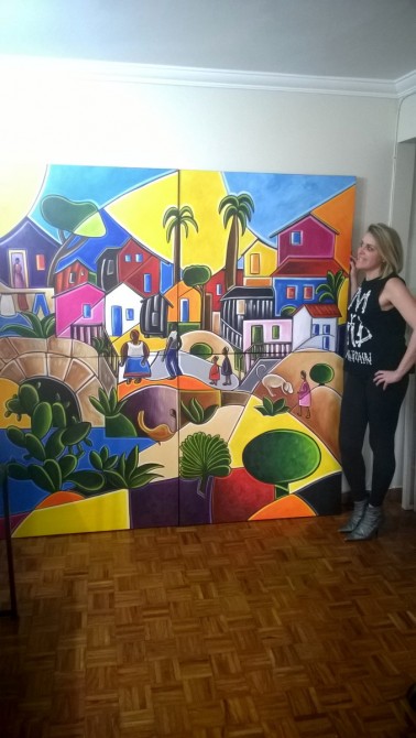 Quadro pintado a mão Releitura da obra de Tarsila do Amaral "Morro da favela " medida total  200X200 COD 793