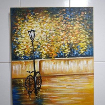 Quadro decorativo pintado a mão arvore e bicicleta  medida 50x40  
