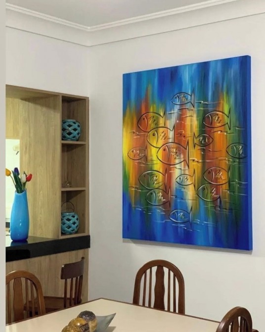 Quadro decorativo pintado a mão peixes 2b medida 100x80 