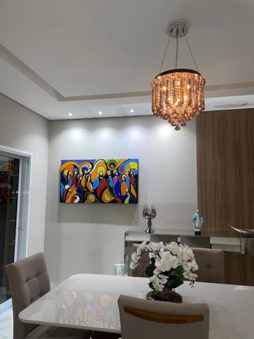 Quadro Santa ceia pintada a mão colorida modelo curvas  medida 70x130 