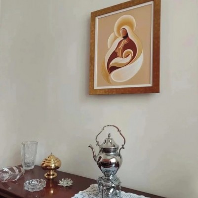 Quadro decorativo sagrada família pintado a mão, fundo dourado claro,estilo cubista,moderno,medida 40x50