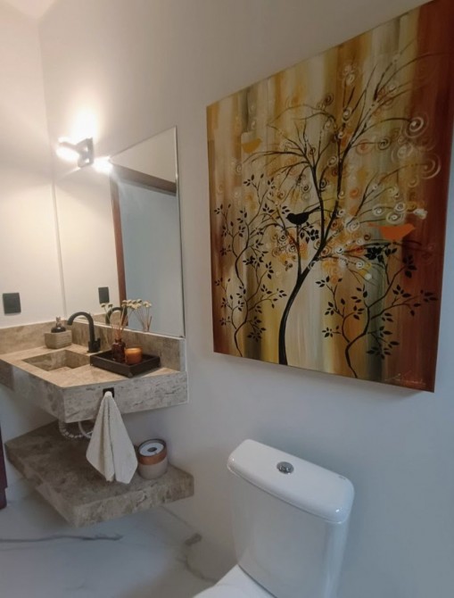 Quadro decorativo pintado a mão tema arvores e passarinhos fundo amarelo estilo moderno 3a, vertical,  70x90 