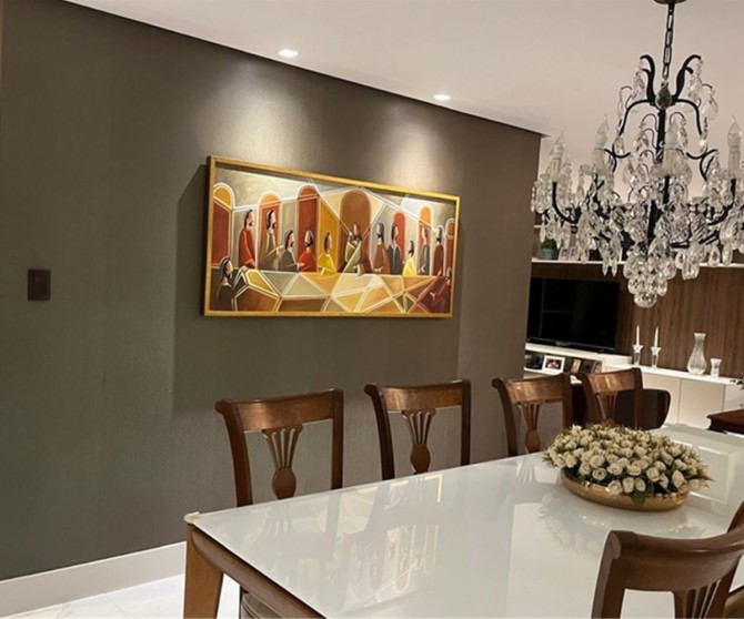Quadro decorativo Santa ceia moderna pintada a mão tons terrosos medida 70x160 