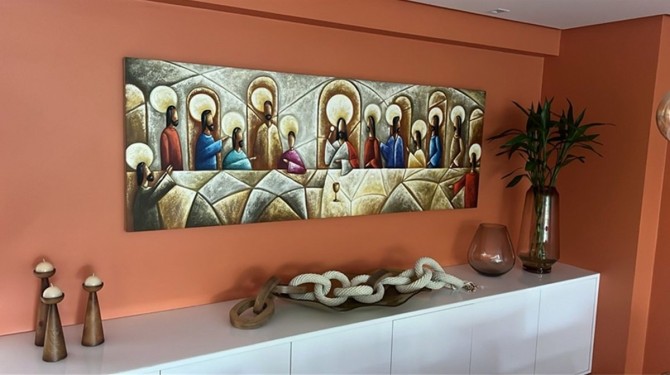 Quadro pintado a mão Santa ceia espatulada,para decoração medida 70x200