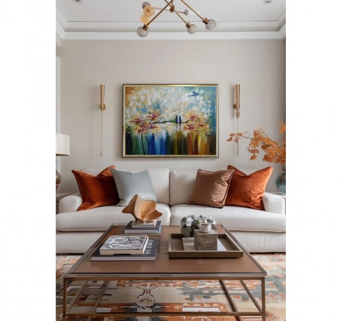 Quadro pintado a mão arvore e passarinhos medida 60x80 