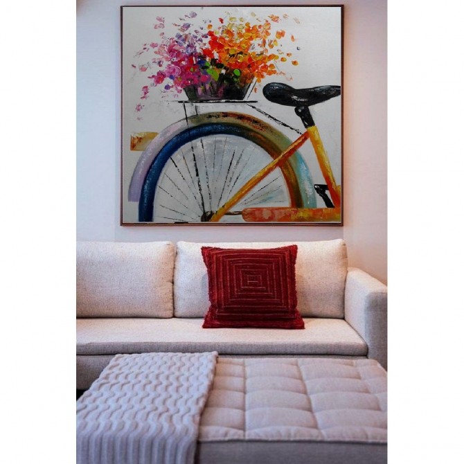 Quadro decorativo pintado a mão tema bicicleta e flores estilo moderno 5a, 60x60