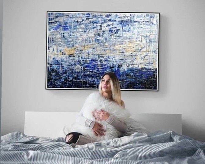 Quadro abstrato pode Dmalbet em tons de azul pintado a mão medida 70x120 