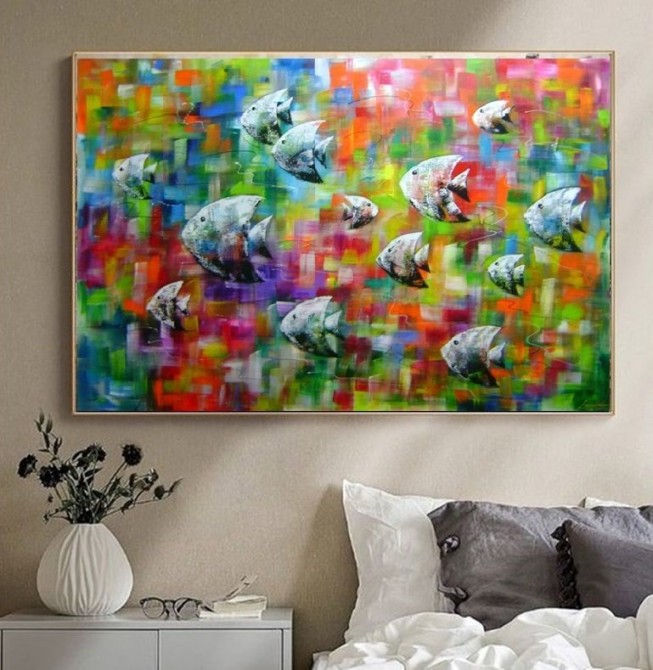 Quadro decorativo pintado a mão peixes 1A medida 80x120 cod 914