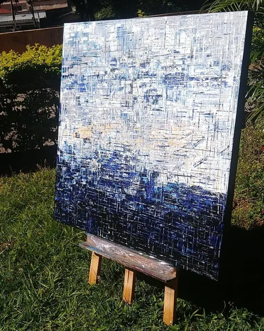 Quadro abstrato pode Dmalbet em tons de azul pintado a mão medida 90x90