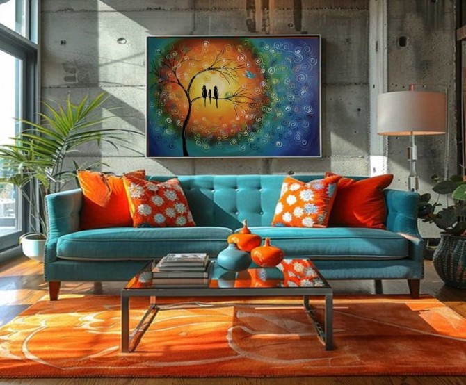 Quadro decorativo pintado a mão tema arvores e passarinhos estilo moderno 2a  70x100 
