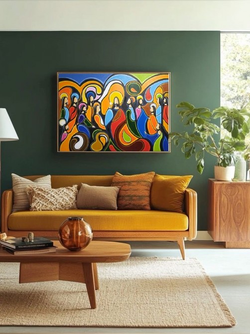 Quadro Santa ceia pintada a mão colorida modelo curvas  medida 70x100 