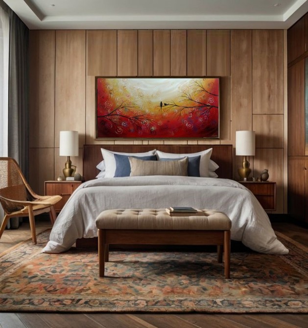 Quadro decorativo pintado a mão tema arvores e passarinhos estilo moderno 2a 60x120 