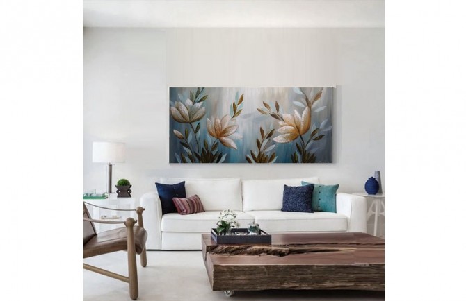 Quadro decorativo floral moderno abstrato,modelo 3, cor turquesa,  medida  60x120 