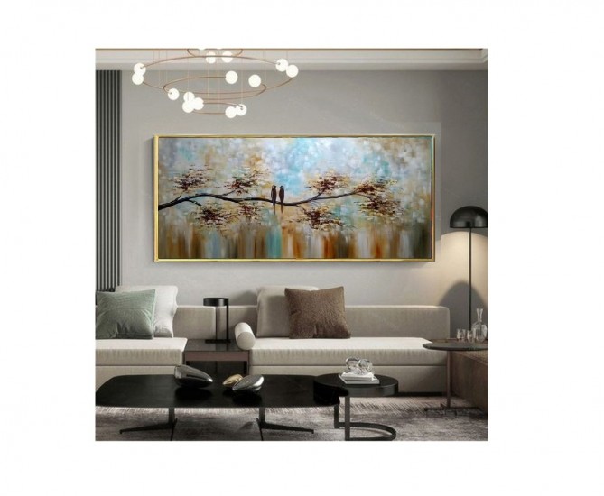 Quadro pintado a mão arvore e passarinhos medida 80x180 