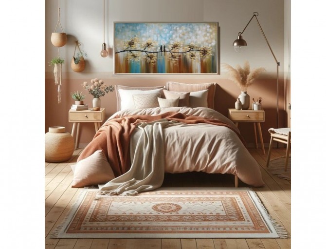 Quadro pintado a mão arvore e passarinhos medida 60x120 