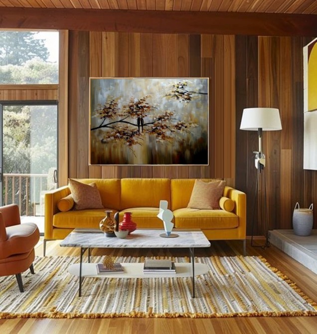 Quadro pintado a mão arvore e passarinhos cores beije e marrom ,medida 70x100 
