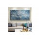 Quadro pintado a mão arvore e passarinhos fundo azul medida 70x120 