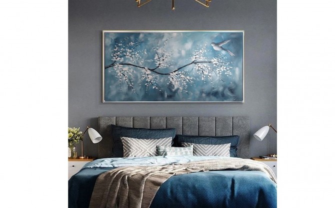 Quadro pintado a mão arvore e passarinhos fundo azul medida 60x120 