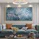 Quadro pintado a mão arvore e passarinhos fundo azul medida 70x120 