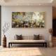 Quadro decorativo pintado a mão paisagem abstrato arvores passarinhos beija-flor plantas 60x120