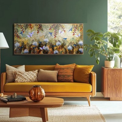 Quadro decorativo pintado a mão paisagem abstrato arvores passarinhos beija-flor plantas 60x120