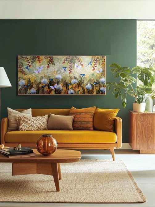Quadro decorativo pintado a mão paisagem abstrato arvores passarinhos beija-flor plantas 60x120