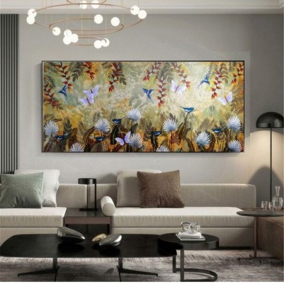 Quadro decorativo pintado a mão paisagem abstrato arvores passarinhos beija-flor plantas 70x150 