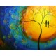 Quadro decorativo pintado a mão tema arvores e passarinhos estilo moderno 2a  100x120 