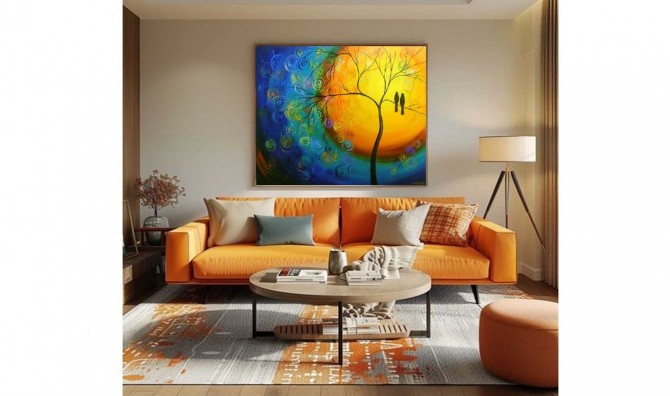 Quadro decorativo pintado a mão tema arvores e passarinhos estilo moderno 2a  100x120 