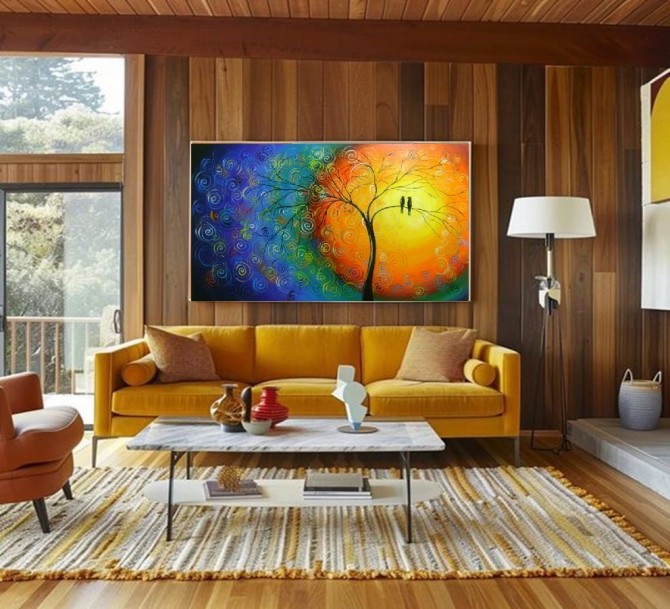 Quadro decorativo pintado a mão tema arvores e passarinhos estilo moderno 2a 100x160
