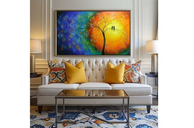 Quadro decorativo pintado a mão tema arvores e passarinhos estilo moderno 2a 70x120 
