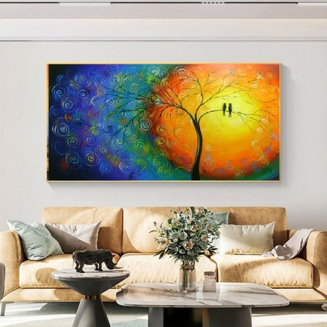 Quadro decorativo pintado a mão tema arvores e passarinhos estilo moderno 2a 70x140 