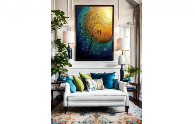 Quadro decorativo pintado a mão tema arvores e passarinhos estilo moderno 2a 70x100 vertical 