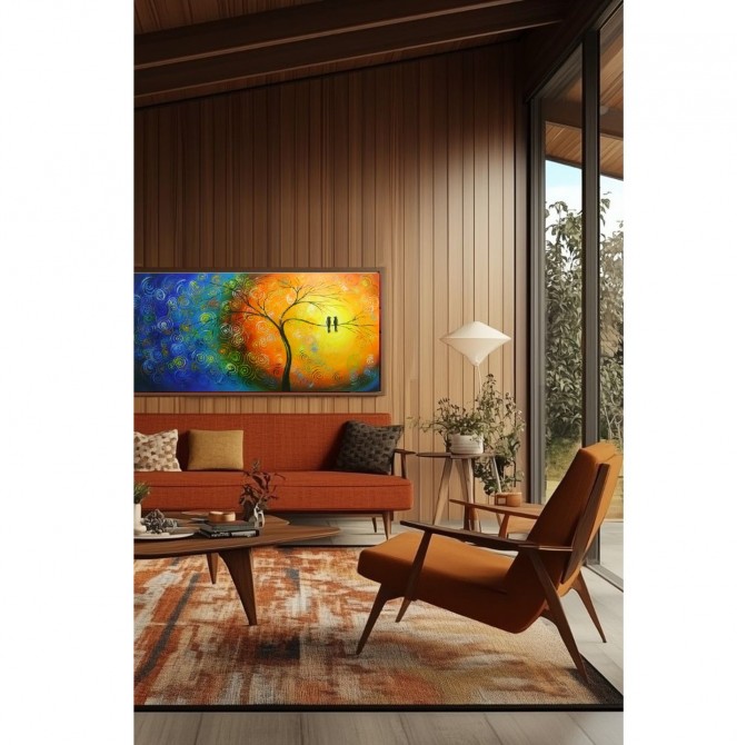 Quadro decorativo pintado a mão tema arvores e passarinhos estilo moderno 2a  60x120 