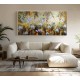Quadro decorativo pintado a mão paisagem abstrato arvores passarinhos beija-flor plantas 70x140 