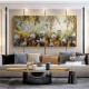 Quadro decorativo pintado a mão paisagem abstrato arvores passarinhos beija-flor plantas 70x140 