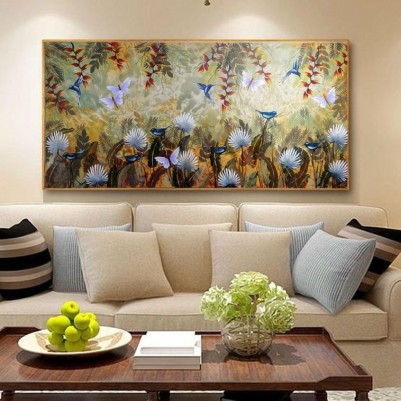 Quadro decorativo pintado a mão paisagem abstrato arvores passarinhos beija-flor plantas 70x140 