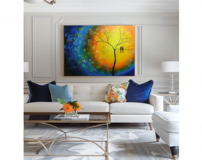 Quadro decorativo pintado a mão tema arvores e passarinhos estilo moderno 2a  70x100 