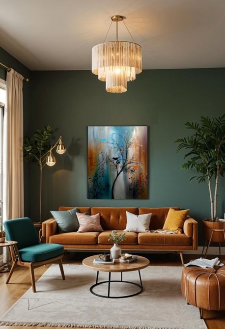 Quadro decorativo pintado a mão tema arvores e passarinhos estilo moderno 3a, vertical,  70x90 