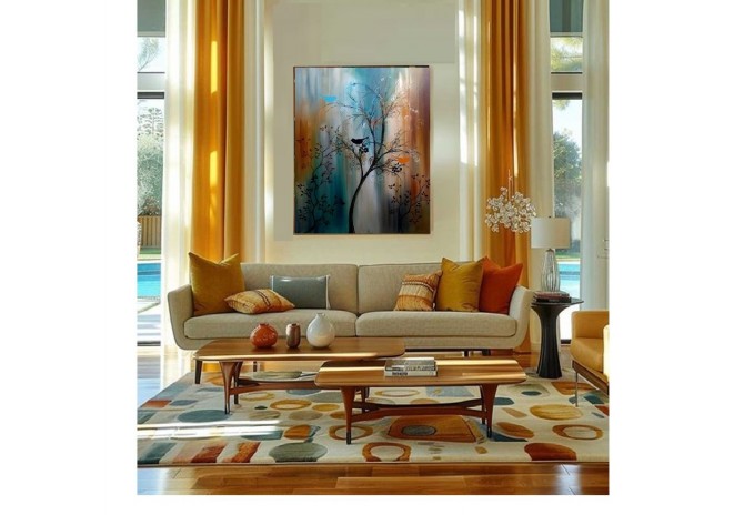 Quadro decorativo pintado a mão tema arvores e passarinhos estilo moderno 3a, vertical,  70x100 
