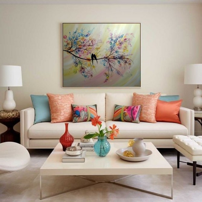 Quadro decorativo pintado a mão tema arvores e passarinhos estilo moderno 2a  funco clarinho 70x100  