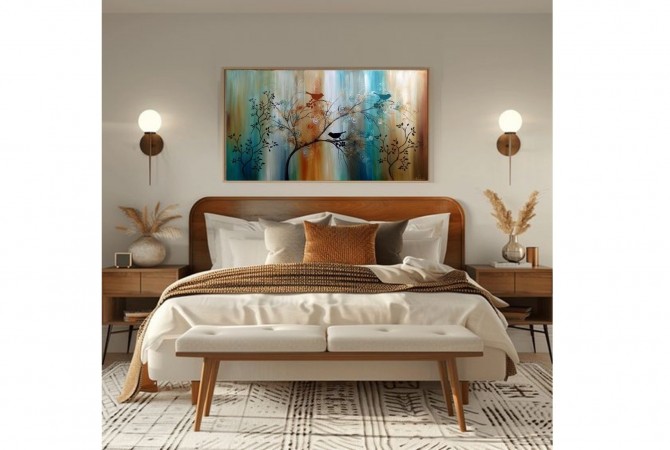 Quadro decorativo pintado a mão tema arvores e passarinhos estilo moderno 3a  70x120 