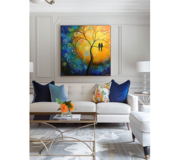 Quadro decorativo pintado a mão tema arvores e passarinhos estilo moderno 2a  60x60 