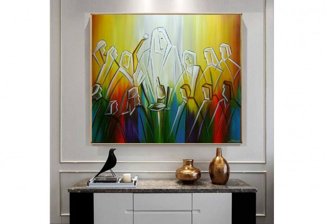 Quadro santa ceia fundo abstrato colorido medida  80X100 