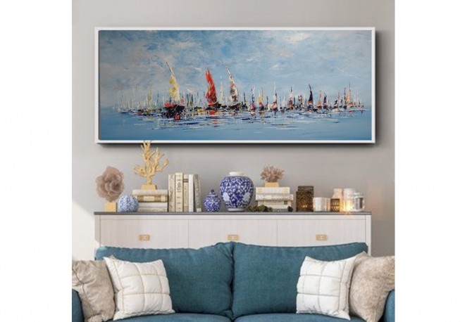 Quadro barcos pintado a mão 60x120