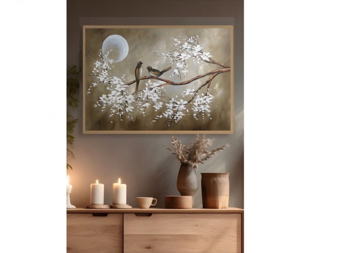 Quadro pintado a mão arvore e passarinhos tons terrosos medida 60x80