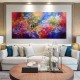 Quadro pintado a mão arvore e passarinhos fundo colorido ,medida 70x140 